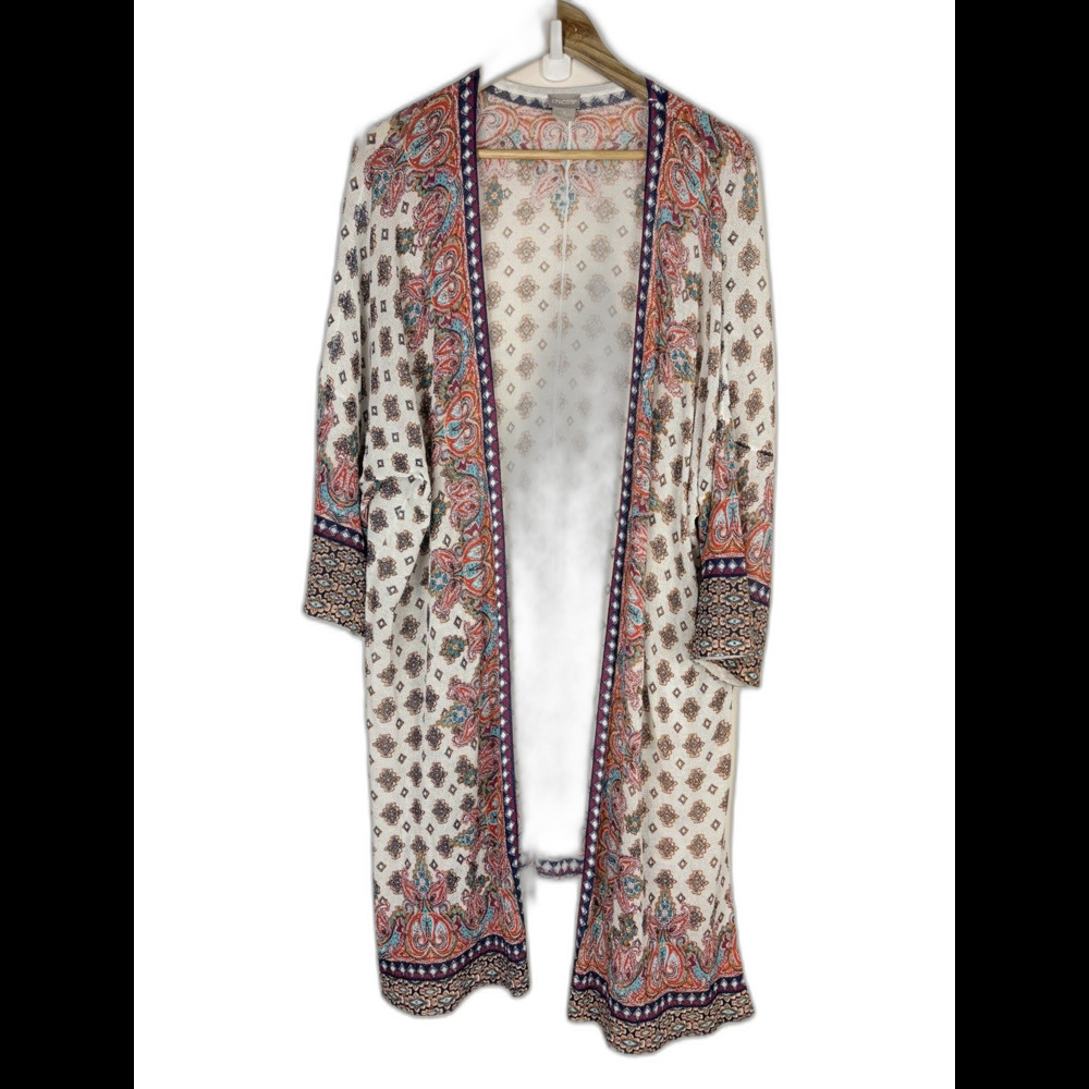 Chico's Boho Paisley Print Duster Open Cardigan Size XL Lightweight Classic